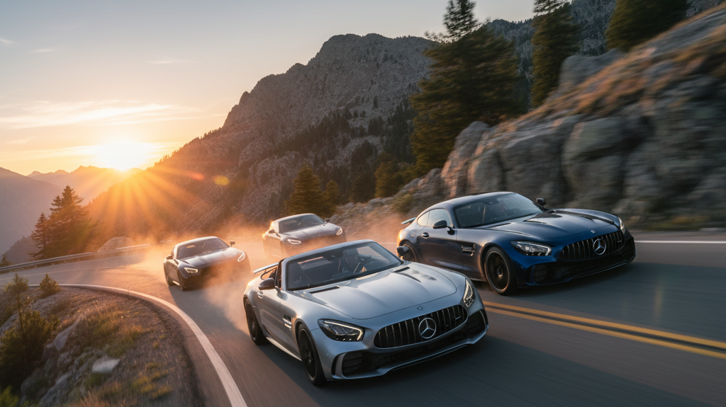 Editorial, photo-realistic HERO for an automotive daily news article titled "Mercedes-AMG GT Expands Lineup with Four-Cylinder and Hotter V8 – Daily C