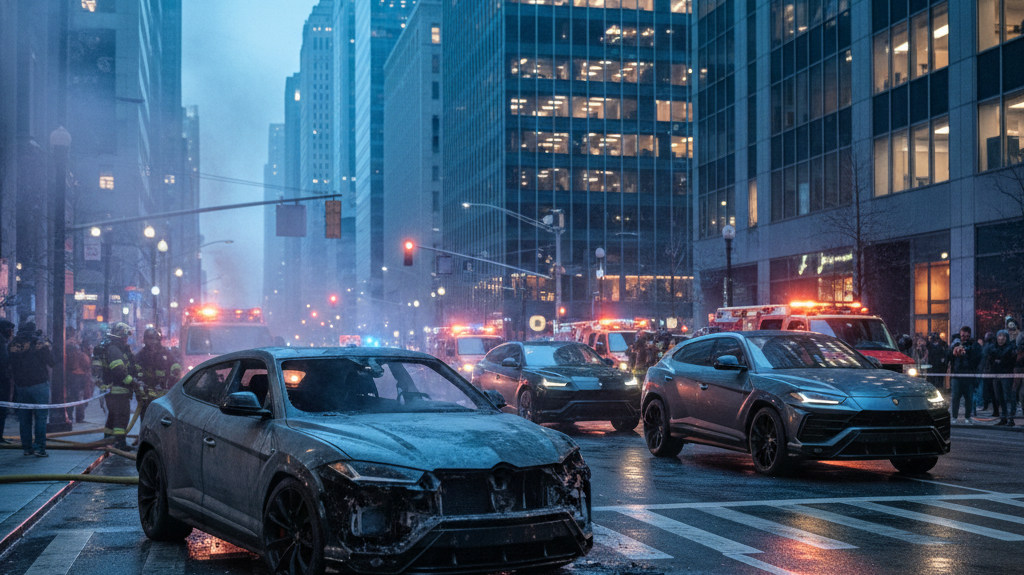 Editorial, photo-realistic HERO for an automotive daily news article titled "Lamborghini Urus Fire Prompts Urgent Recalls – Daily Car News (2025-09-27