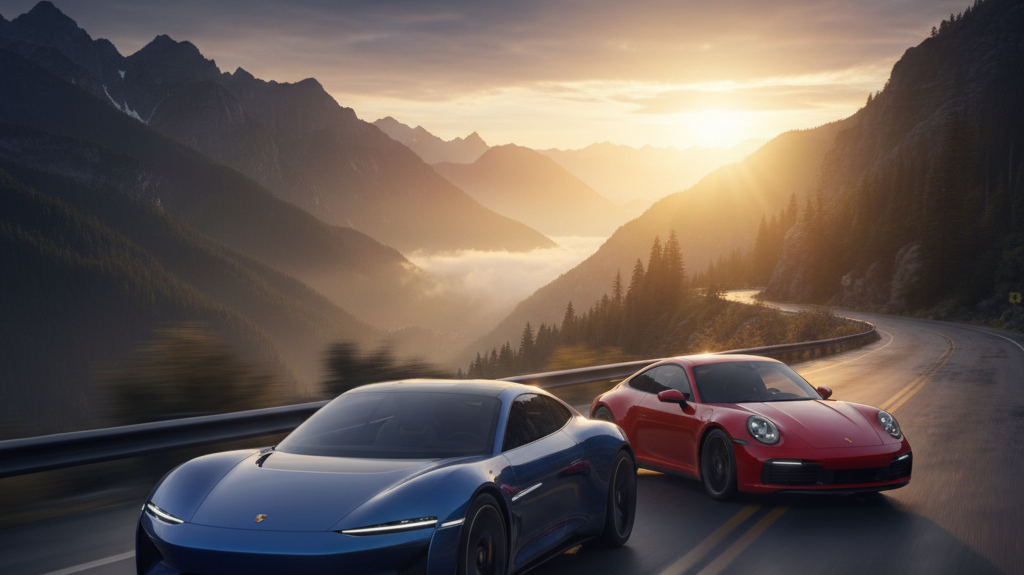 Editorial, photo-realistic HERO for an automotive daily news article titled "Denza Z Aims to Challenge Porsche 911 – Daily Car News (2025-10-27)". Dep