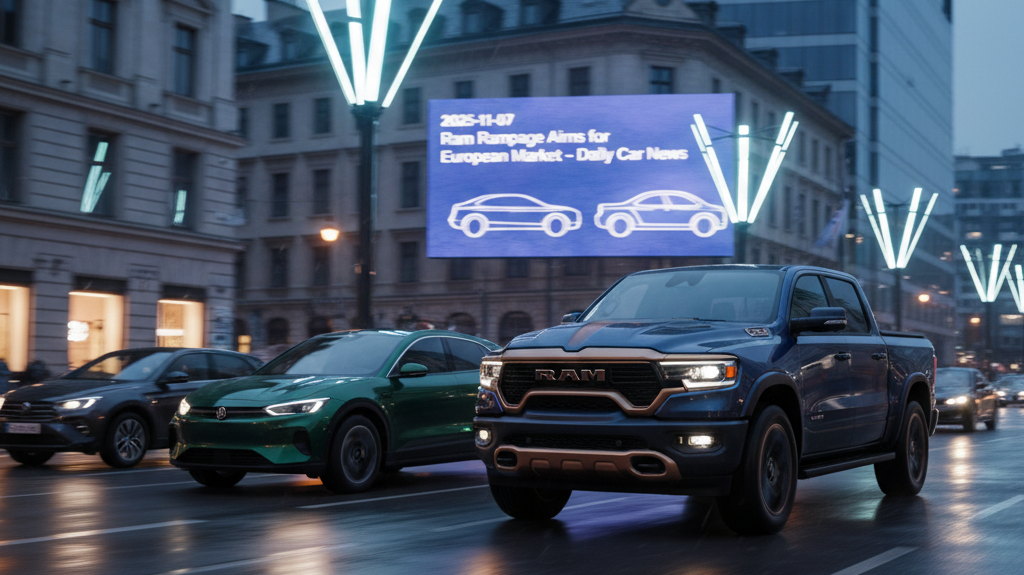 Editorial, photo-realistic HERO for an automotive daily news article titled "Ram Rampage Aims for European Market – Daily Car News (2025-11-07)". Depi