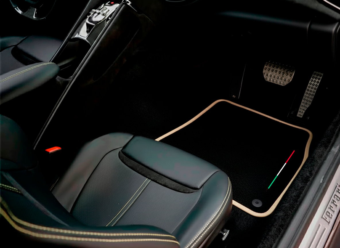 Black Floor Mats For Ferrari GTC4 Lusso (2016-2023) with Leather and Red Trim - AutoWin