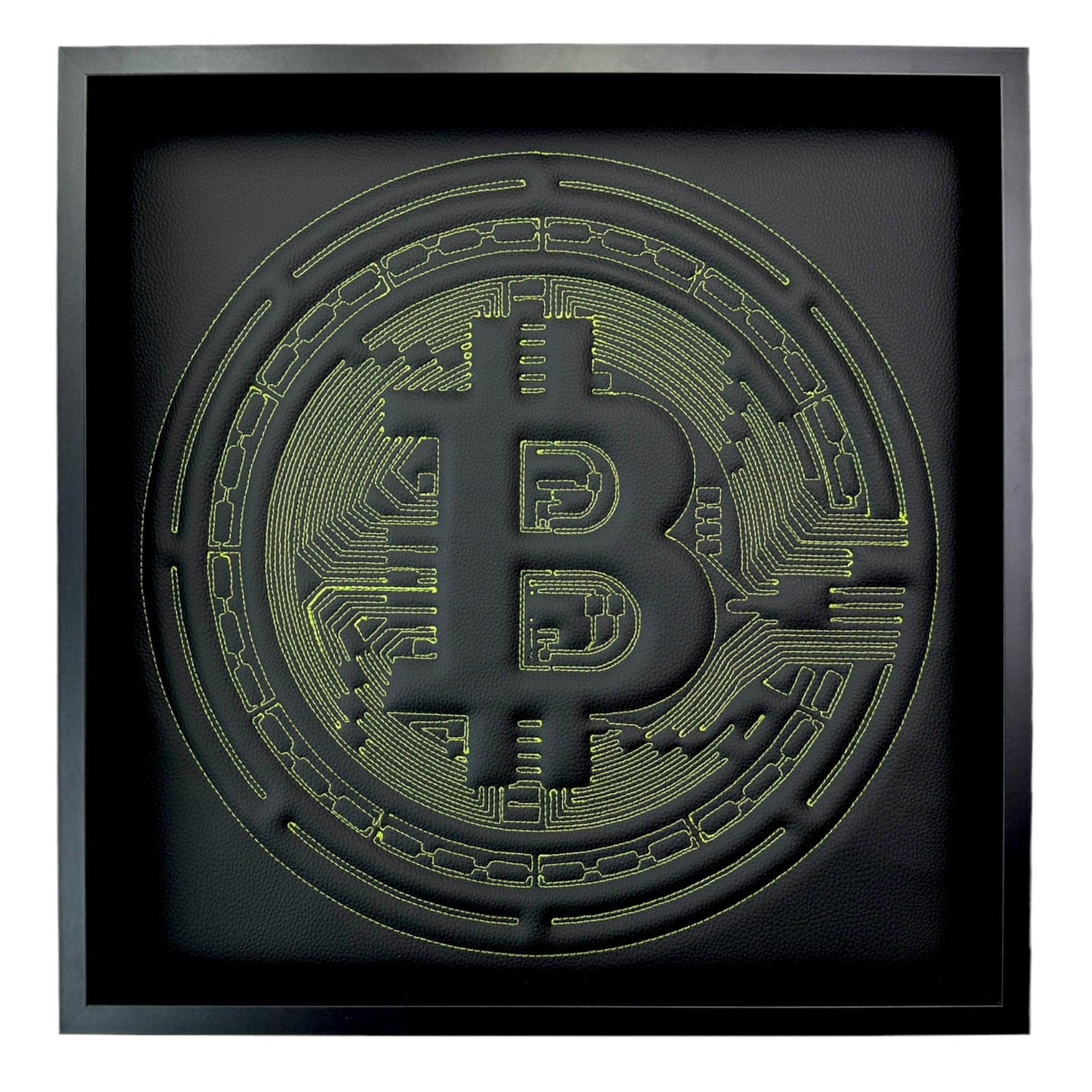 Black Leather Bitcoin Inspired Wall Art: Embroidered Green Stitch Luxury Decor - AutoWin