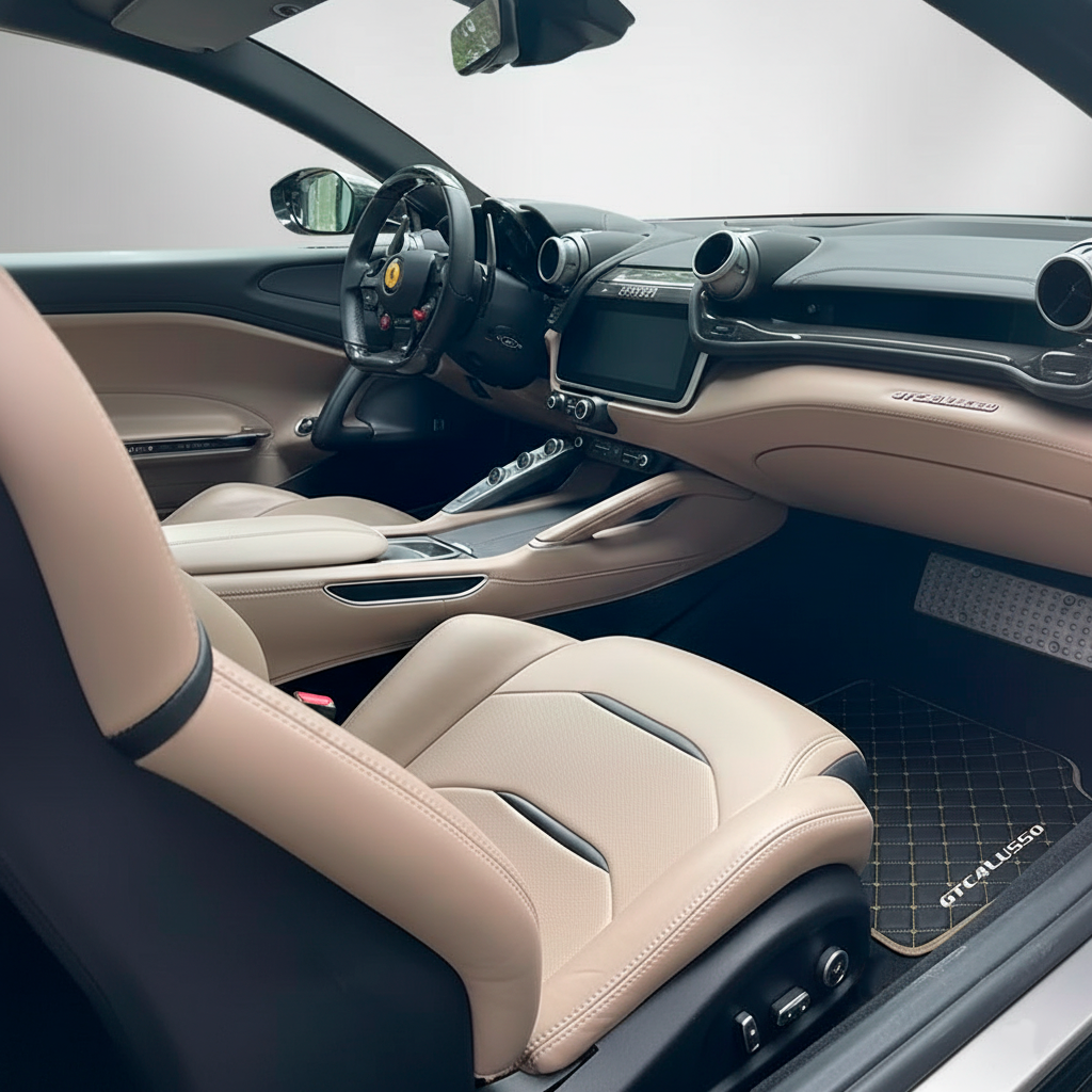 Black Floor Mats For Ferrari GTC4 Lusso (2016-2023) with Leather and Red Trim - AutoWin