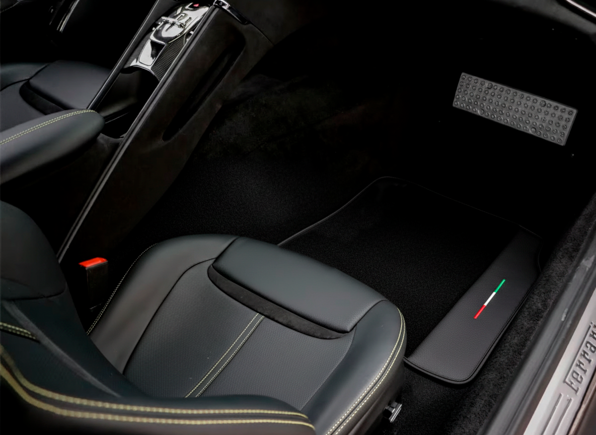 Black Floor Mats For Ferrari GTC4 Lusso (2016-2023) with Leather and Red Trim - AutoWin