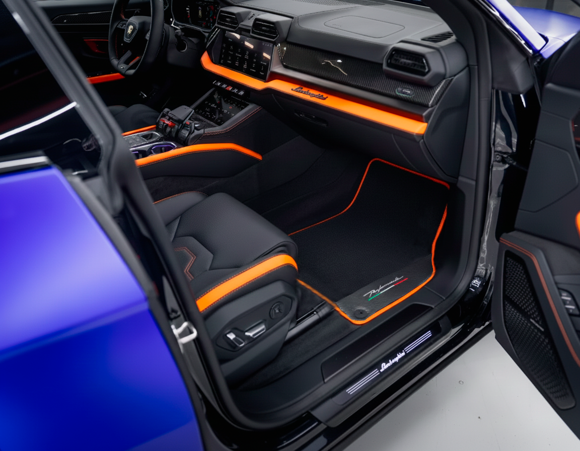 Floor Mats Set with Trunk Mat For Lamborghini Urus S With Orange Alcantara Leather - AutoWin.EU