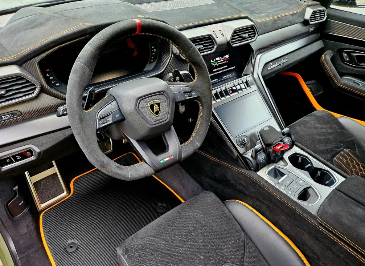 Carbon Leather Floor Mats for Lamborghini Urus with Orange Trim
