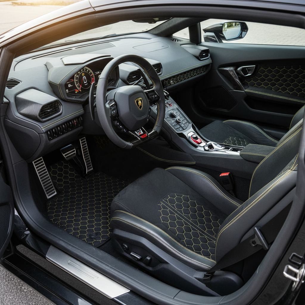 Customizable Leather Floor Mats with Hexagon Hex Pattern for Lamborghini Huracan Tecnica (2022-2024) - AutoWin