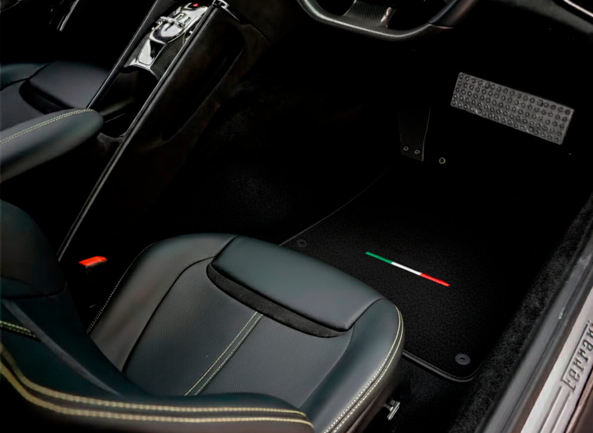 Black Floor Mats For Ferrari GTC4 Lusso (2016-2023) with Leather and Red Trim - AutoWin