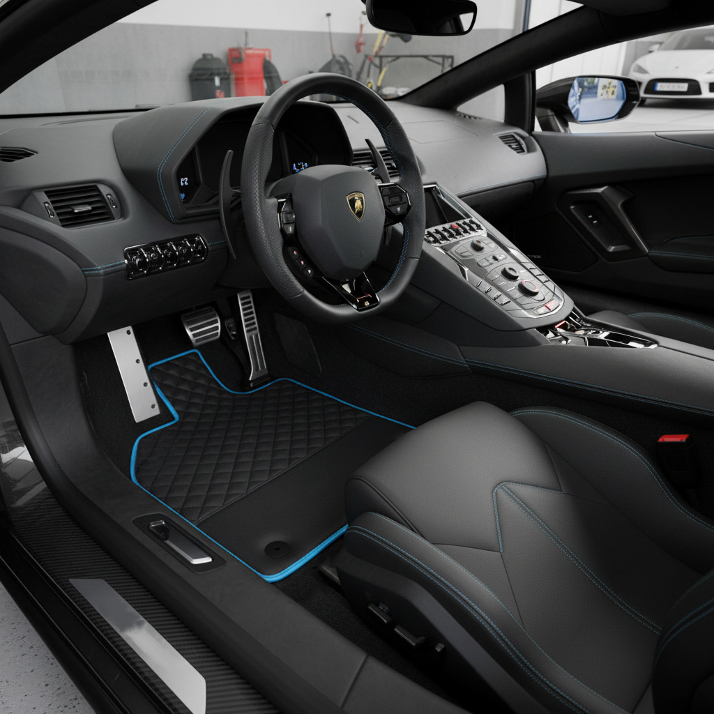 Customizable Gray Floor Mats for Lamborghini Aventador With Alcantara Leather - AutoWin.EU
