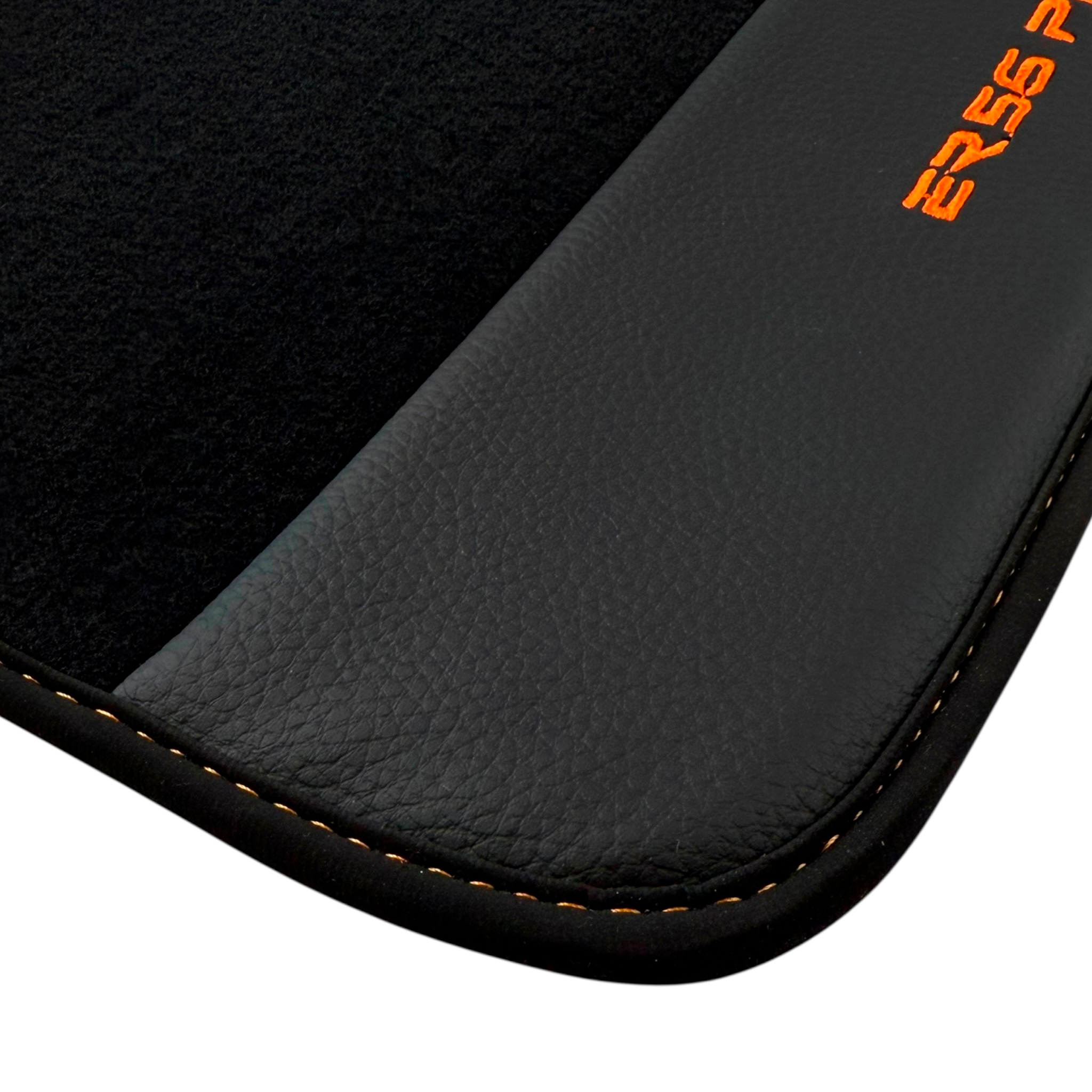 Black Car Floor Mats for BMW E82 2-door Coupe (2006-2013) with Leather by ER56 | Orange Edition