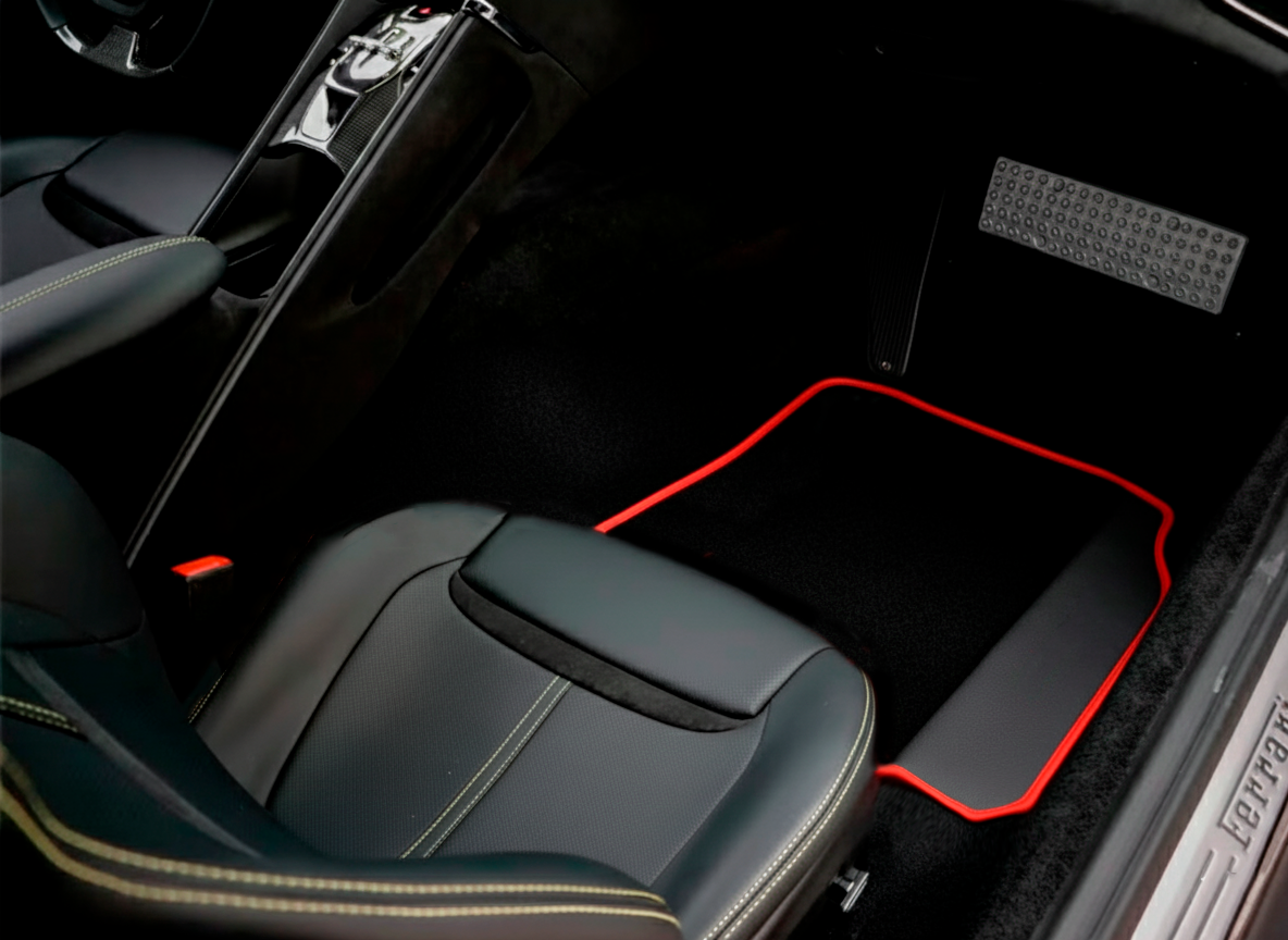 Black Floor Mats For Ferrari GTC4 Lusso (2016-2023) with Leather and Red Trim - AutoWin
