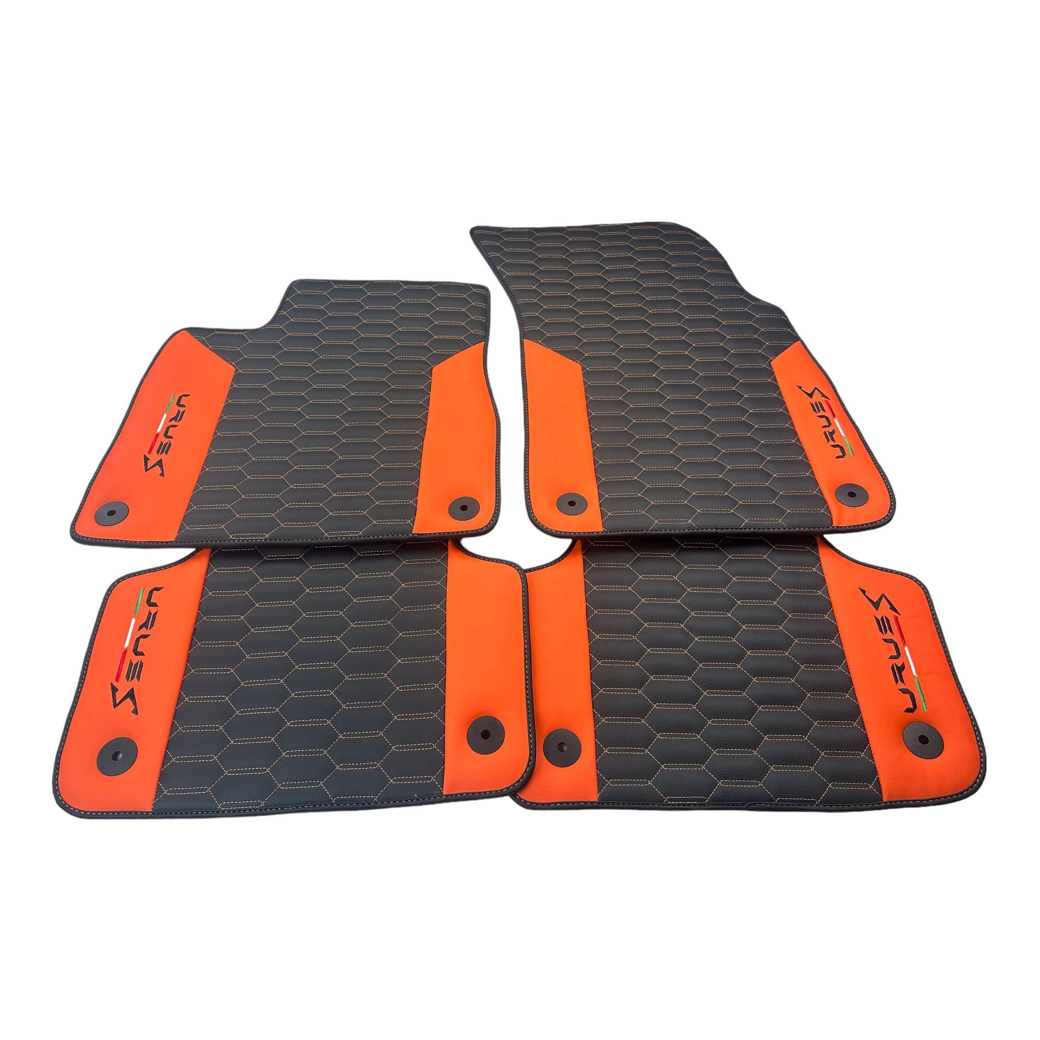 Black Leather Floor Mats For Lamborghini Urus S With Orange Nappa Leather - AutoWin