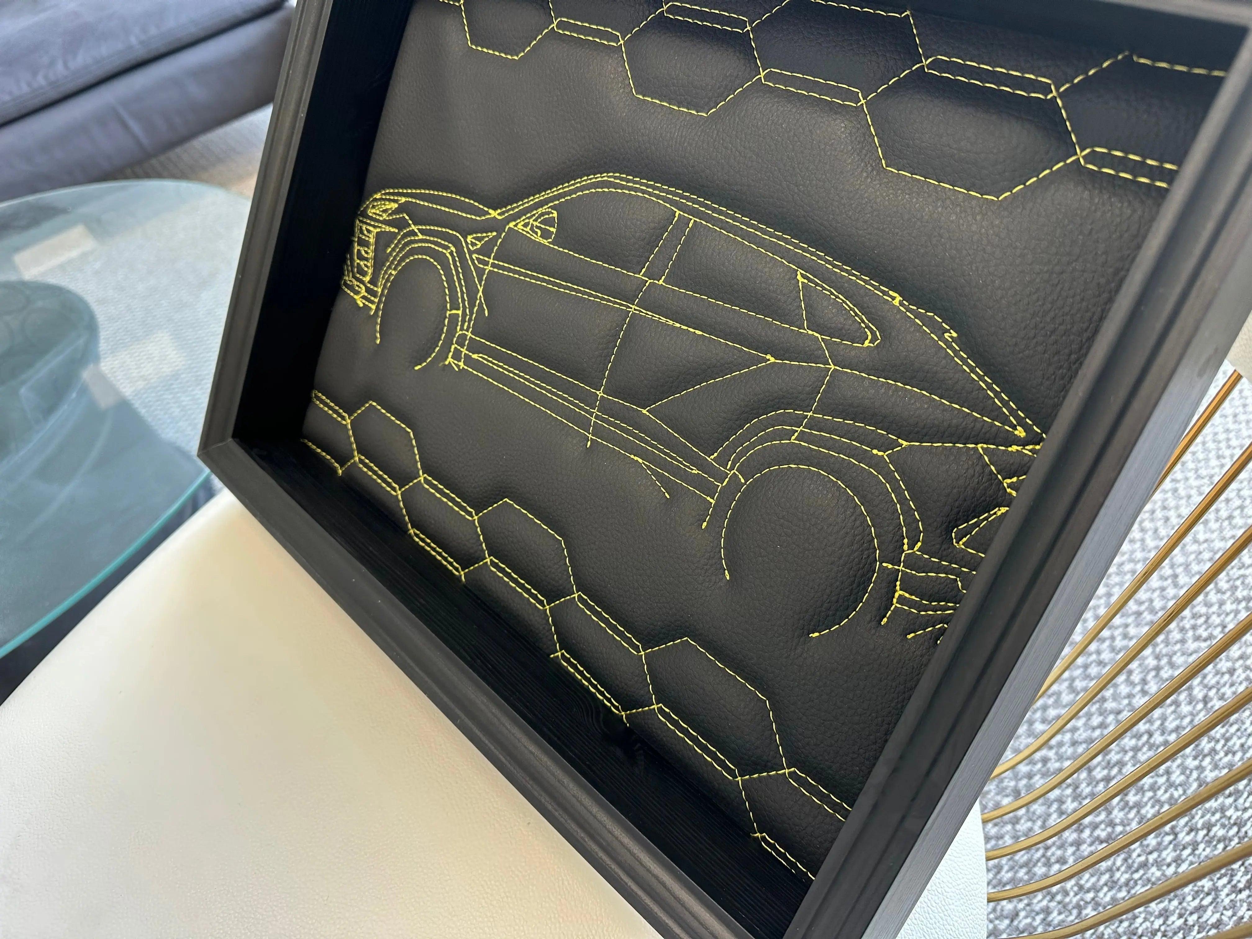 Black Leather Lamborghini Urus Inspired Wall Art: Embroidered Yellow Stitch - AutoWin