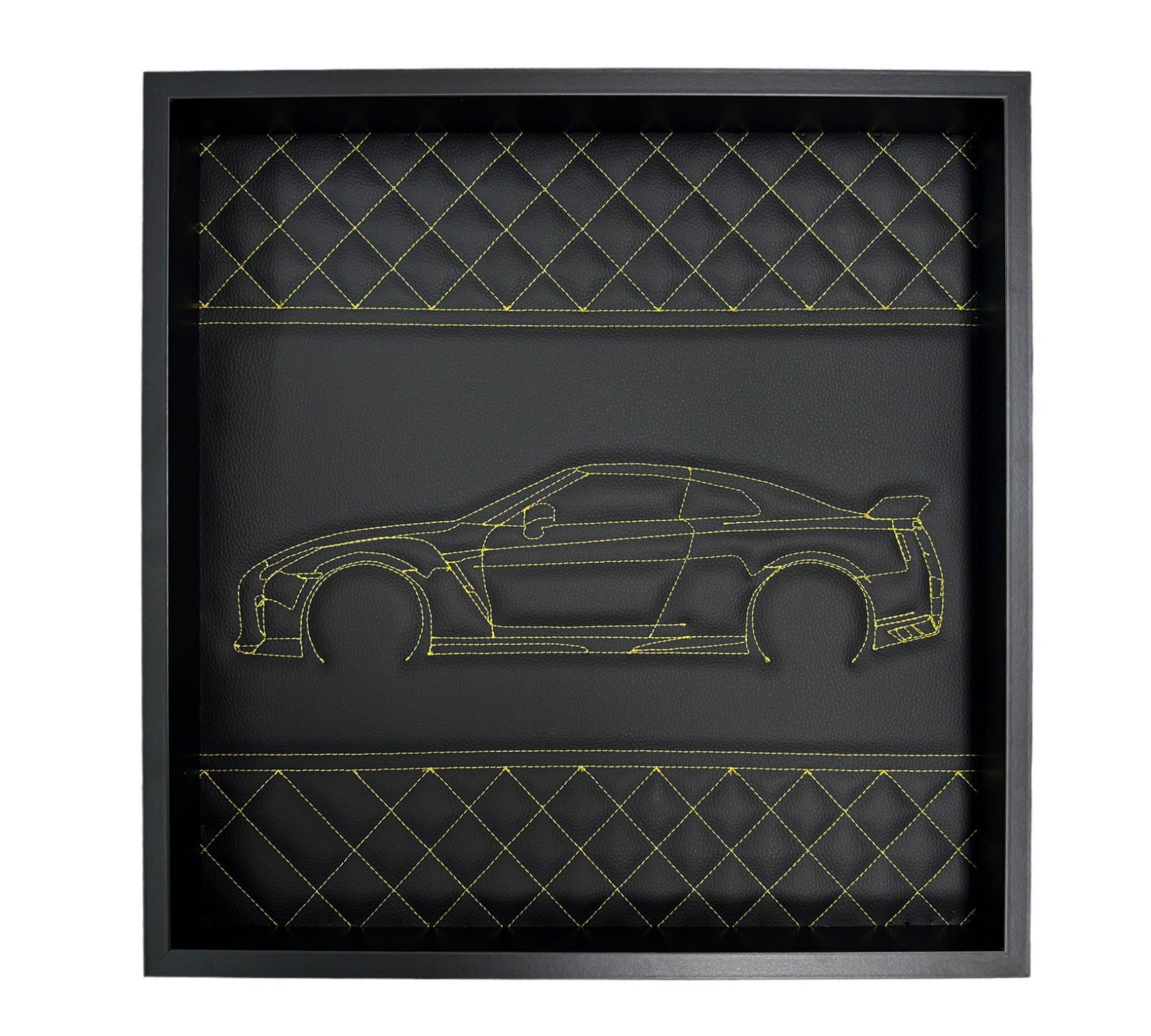 Black Leather Nissan GTR Inspired Wall Art: Embroidered Yellow Stitch Luxury Decor - AutoWin