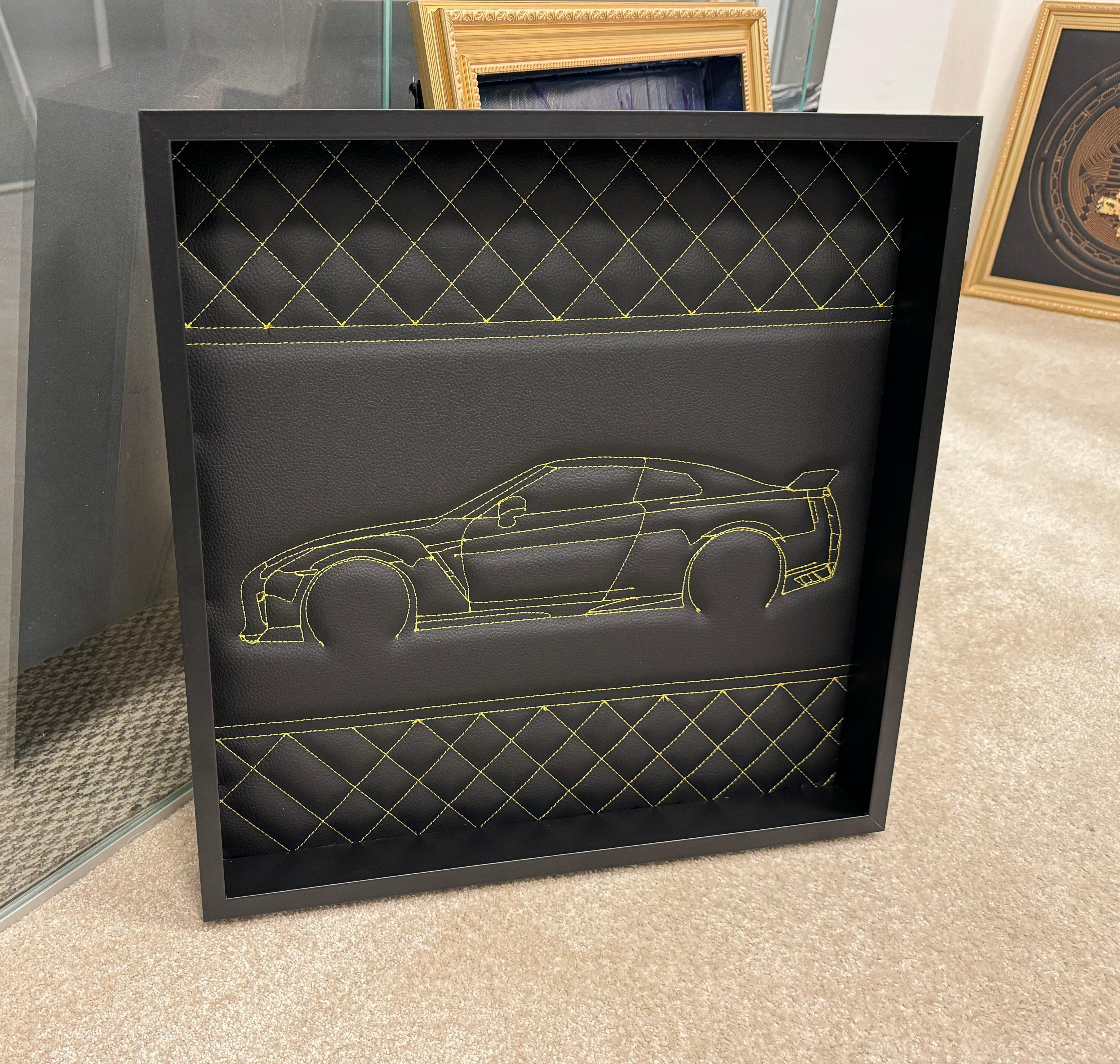 Black Leather Nissan GTR Inspired Wall Art: Embroidered Yellow Stitch Luxury Decor - AutoWin