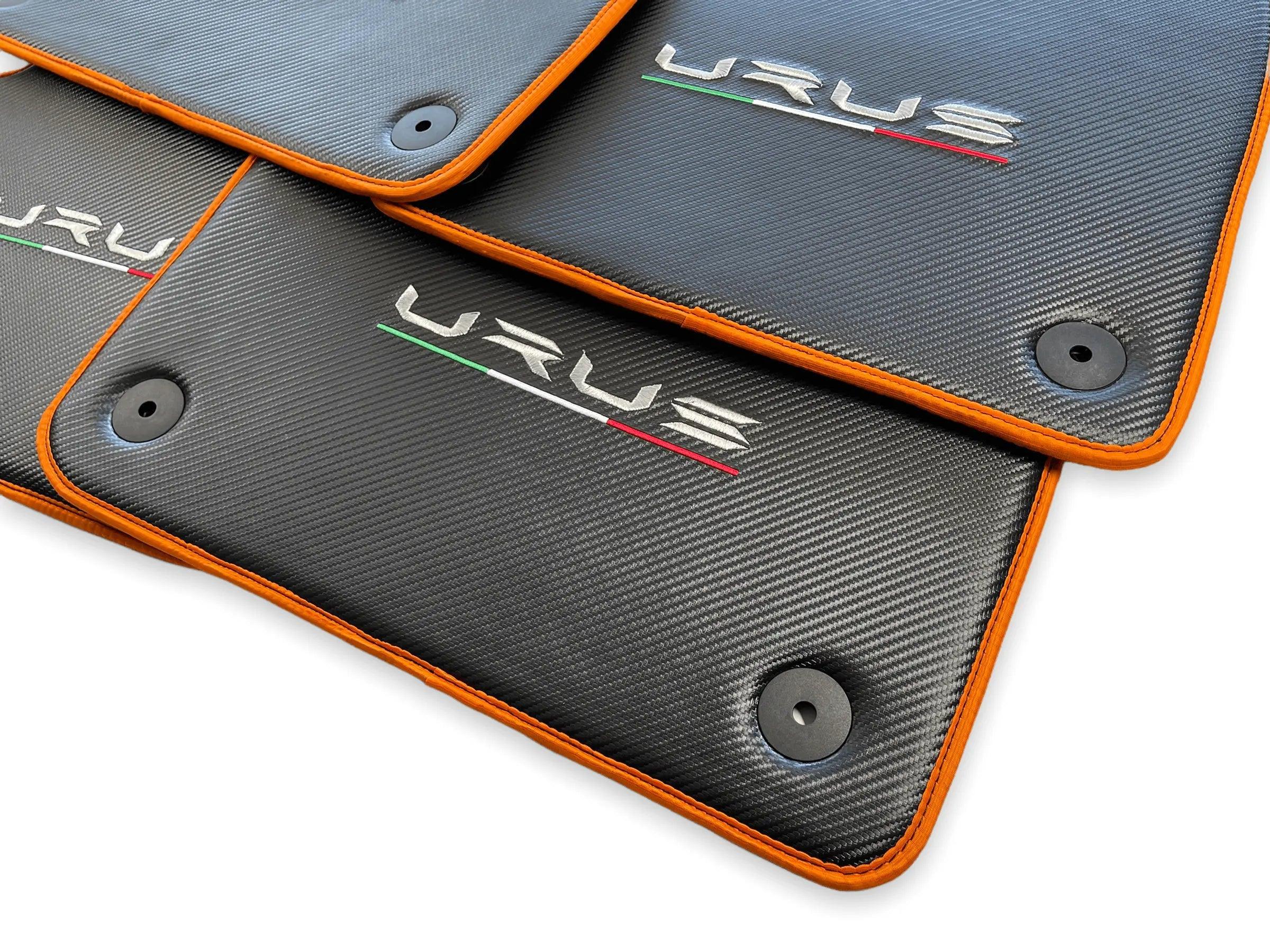 Floor Mats For Lamborghini Urus Carbon Leather Tailored Orange Trim - AutoWin