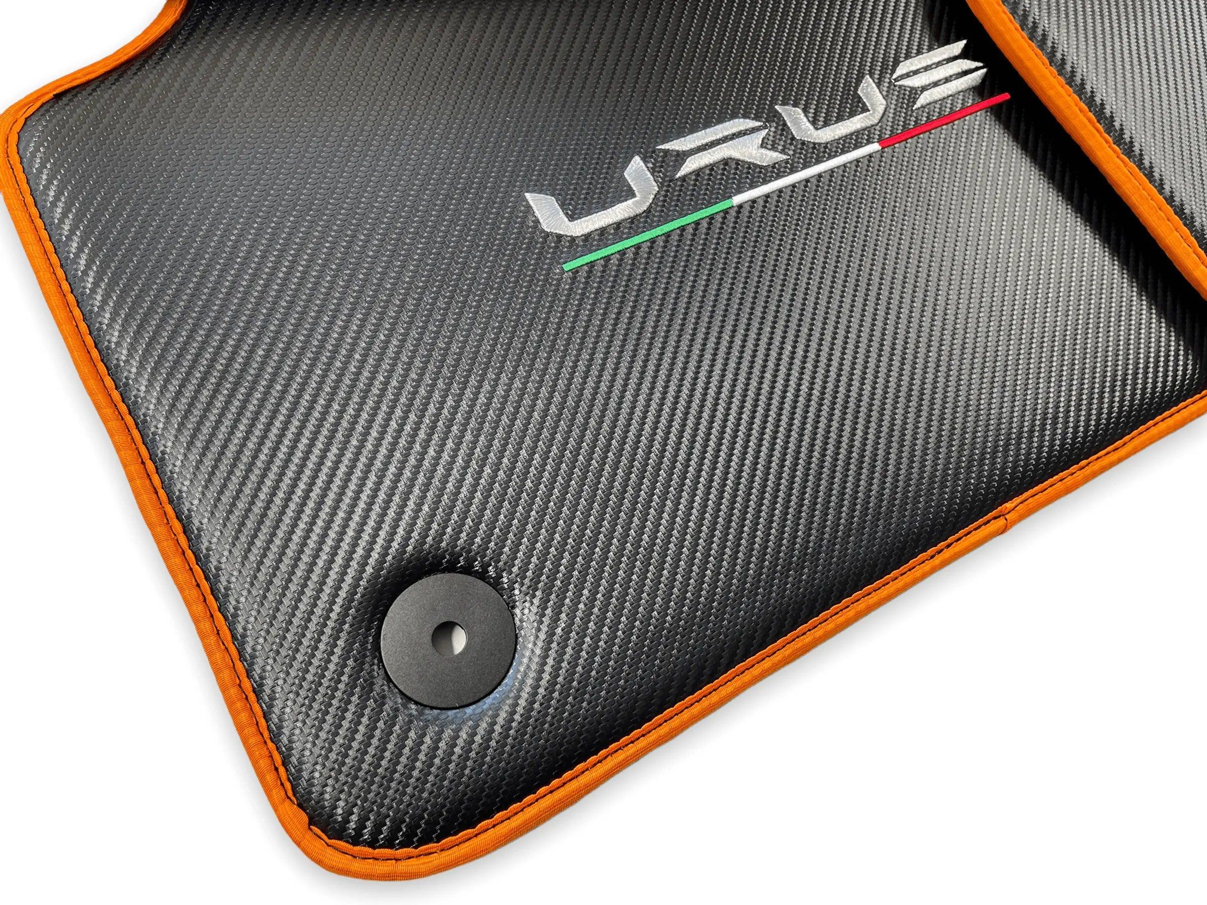 Floor Mats For Lamborghini Urus Carbon Leather Tailored Orange Trim - AutoWin