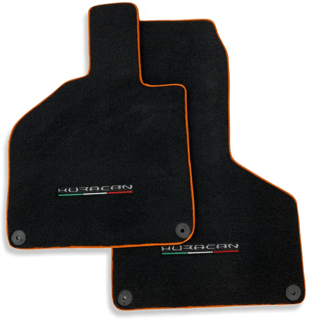 Floor Mats for Lamborghini Huracan With Italian Flag and Huracan Logo Orange Embroidery - AutoWin