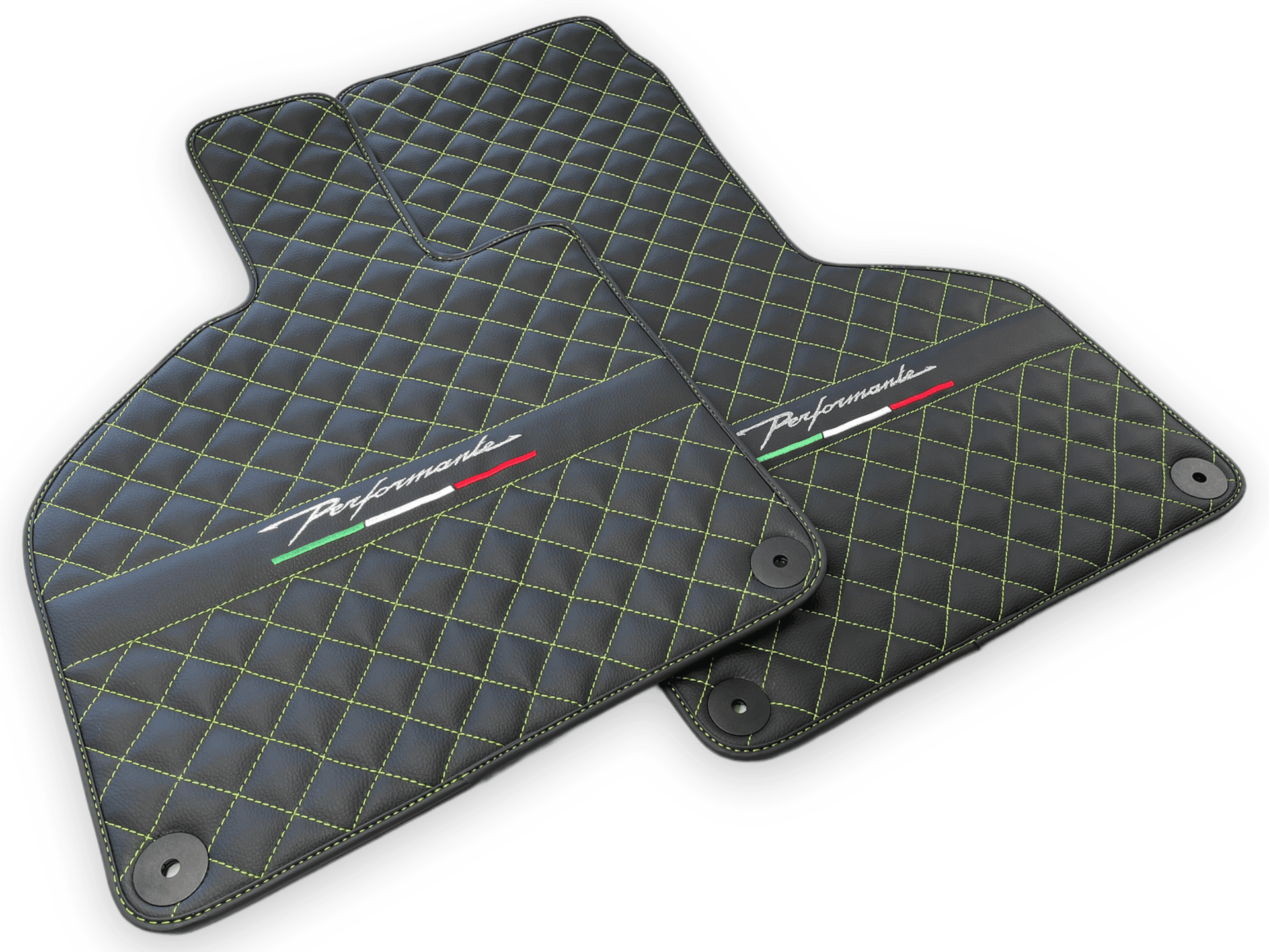 Black Leather Floor Mats for Lamborghini Huracan Perfomante | Green Stitching - AutoWin