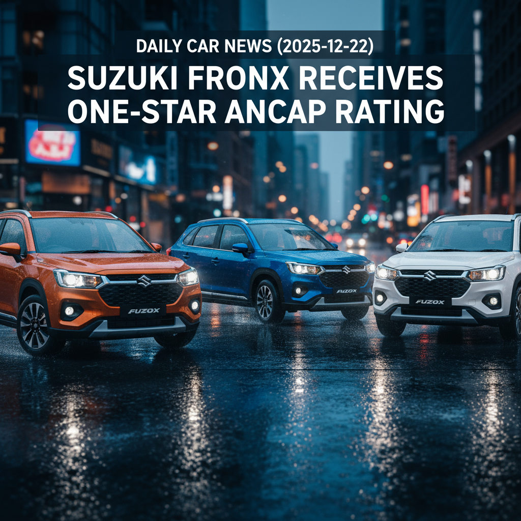 Editorial, photo-realistic HERO for an automotive daily news article titled "Suzuki Fronx Receives One-Star ANCAP Rating – Daily Car News (2025-12-22)