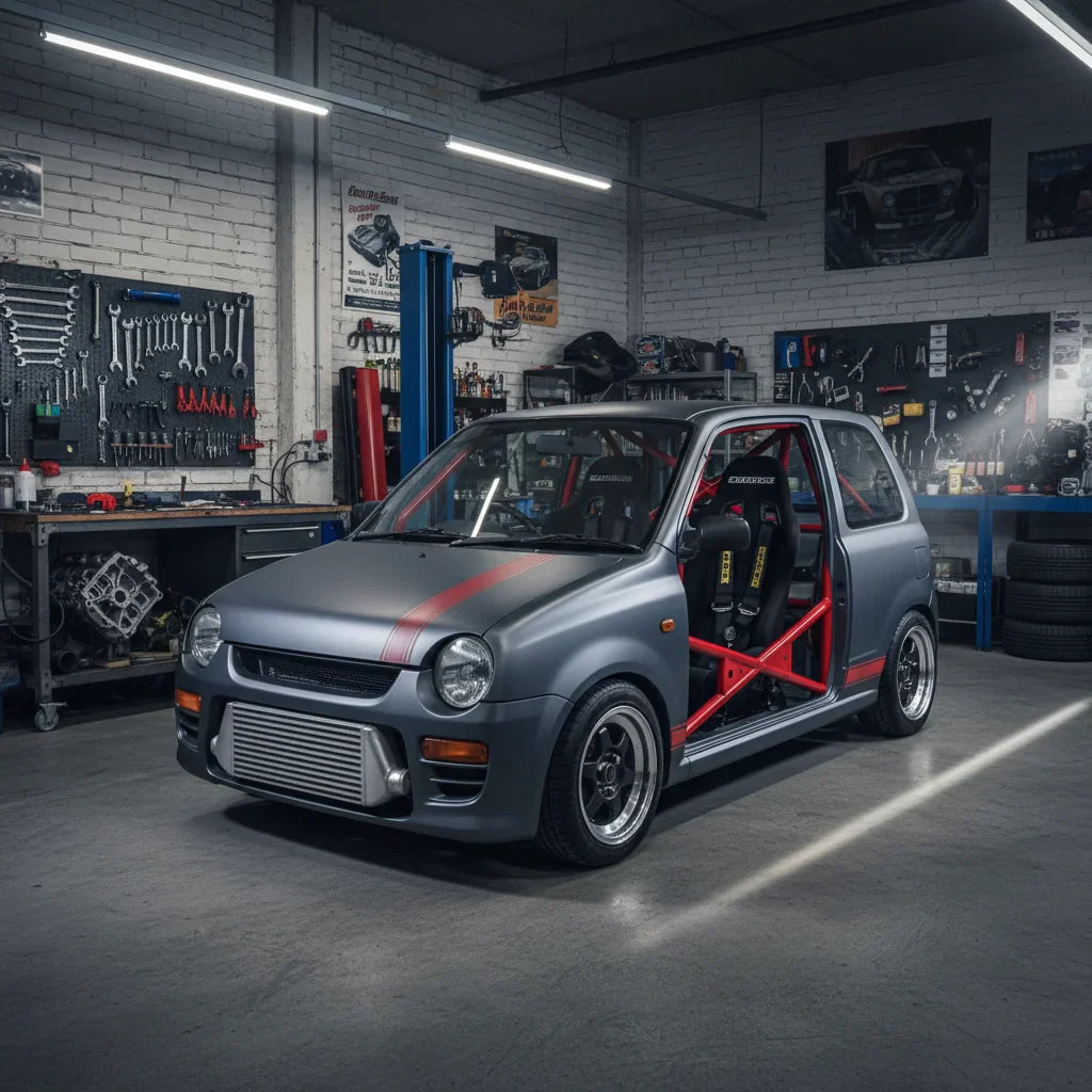 Editorial automotive photography: Daihatsu Mira as the hero subject. Context: Daihatsu's new sleeper Kei car with a roll cage, ready for sale.. Settin