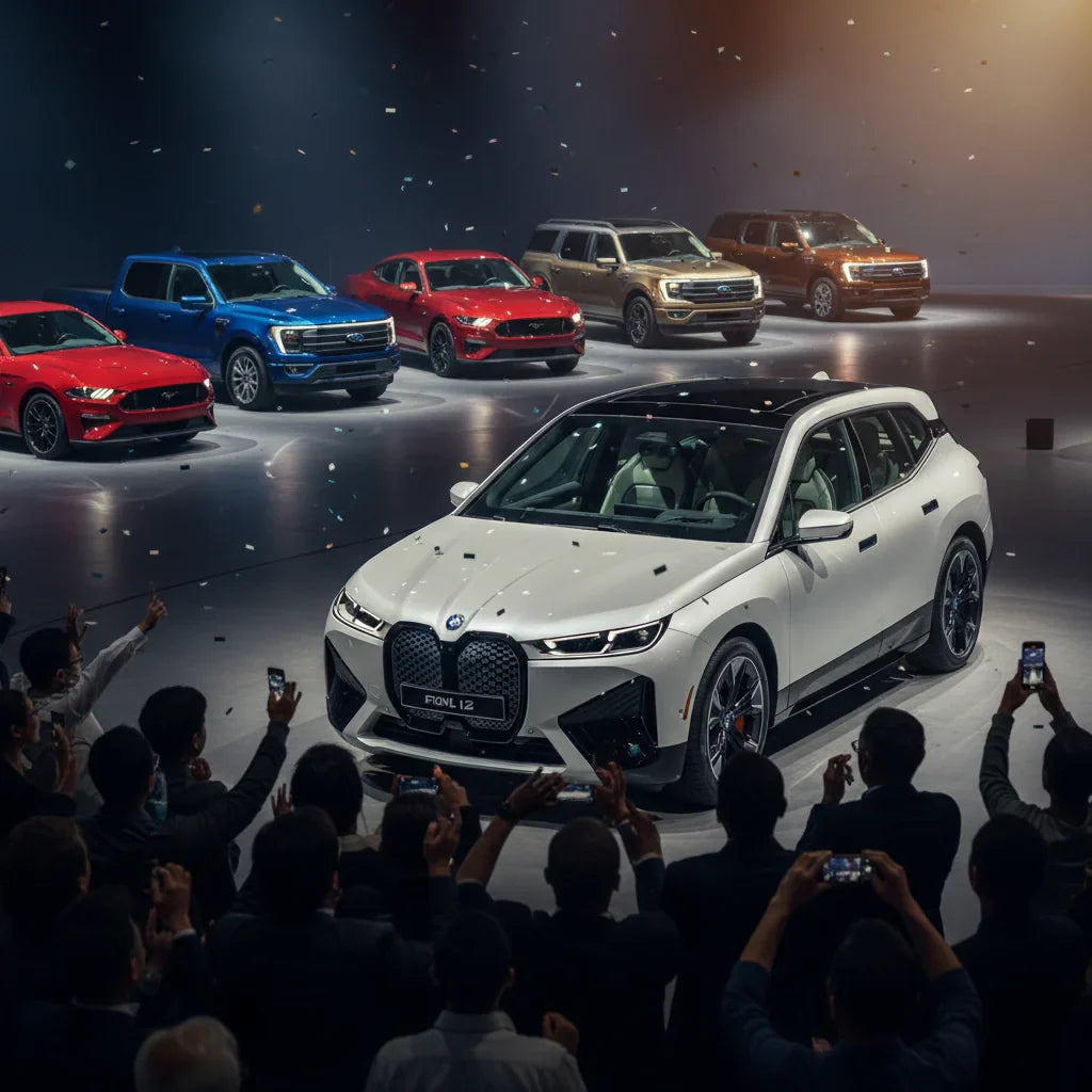 Editorial photo-realistic HERO image for automotive news (2026-02-01). Feature BMW and Ford vehicles specifically BMW iX, Ford Mustang. Scene: A dynam