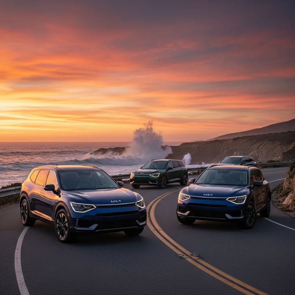 Editorial photo-realistic HERO image for automotive news (2026-02-13). Feature Kia vehicles specifically EV9. Scene: The 2026 Kia EV9 GT parked majest