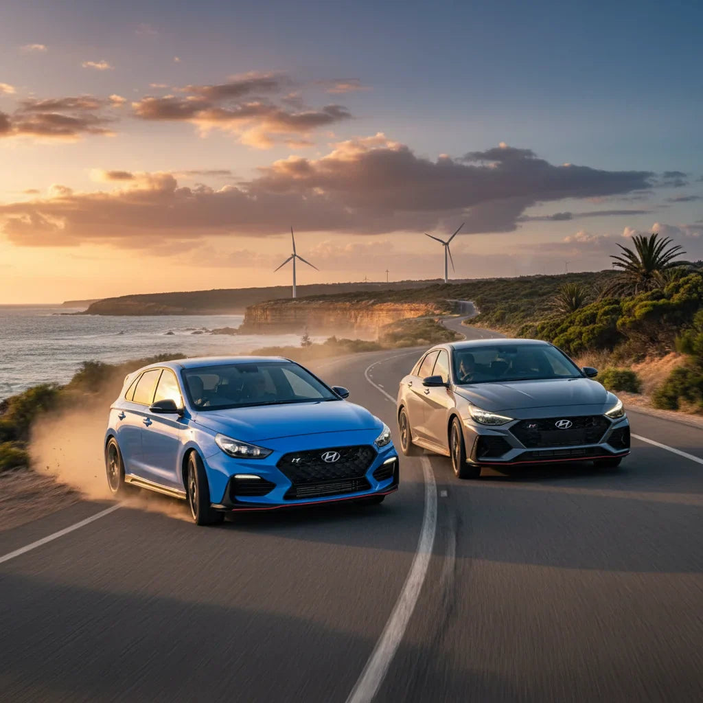 Editorial photo-realistic HERO image for automotive news (2026-02-20). Feature Hyundai vehicles specifically i30 N, Elantra N. Scene: A vibrant Austra