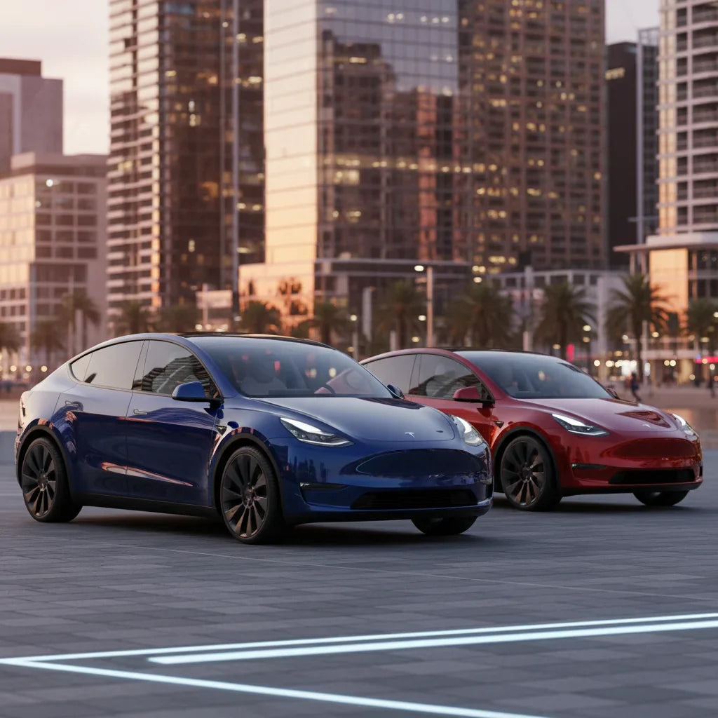 Editorial photo-realistic HERO image for automotive news (2026-03-06). Feature Tesla vehicles specifically Model Y L. Scene: A sleek, longer version o