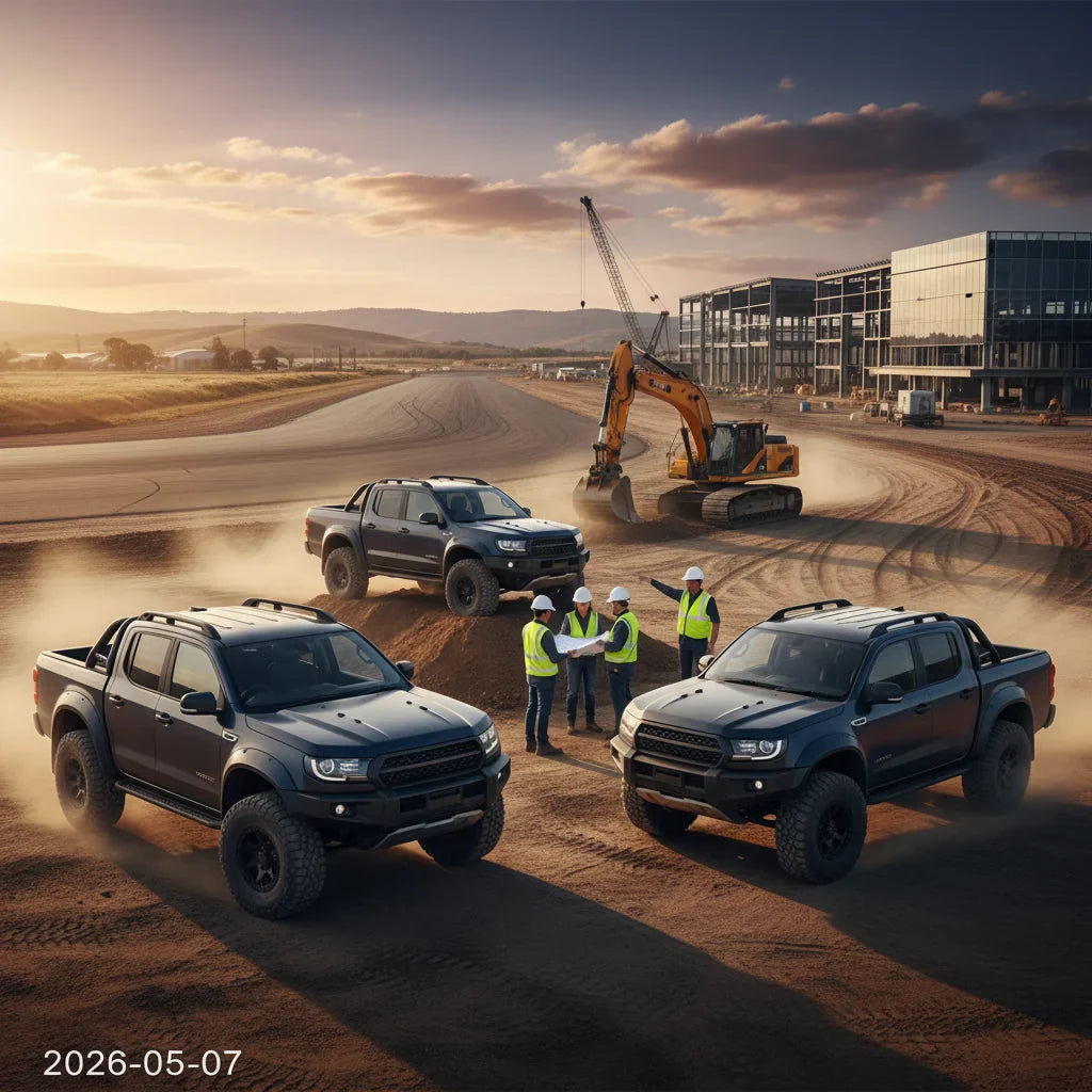 Editorial photo-realistic HERO image for automotive news (2026-05-07). Feature GWM vehicles specifically Engineering Hub. Scene: A bustling constructi