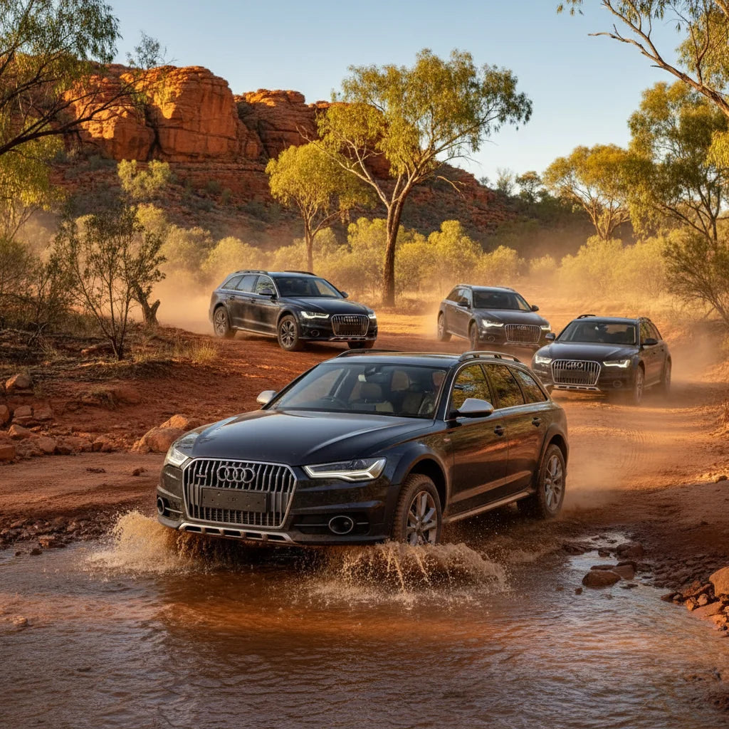 Editorial photo-realistic HERO image for automotive news (2026-05-12). Feature Audi vehicles specifically A6 allroad. Scene: An Audi A6 allroad naviga