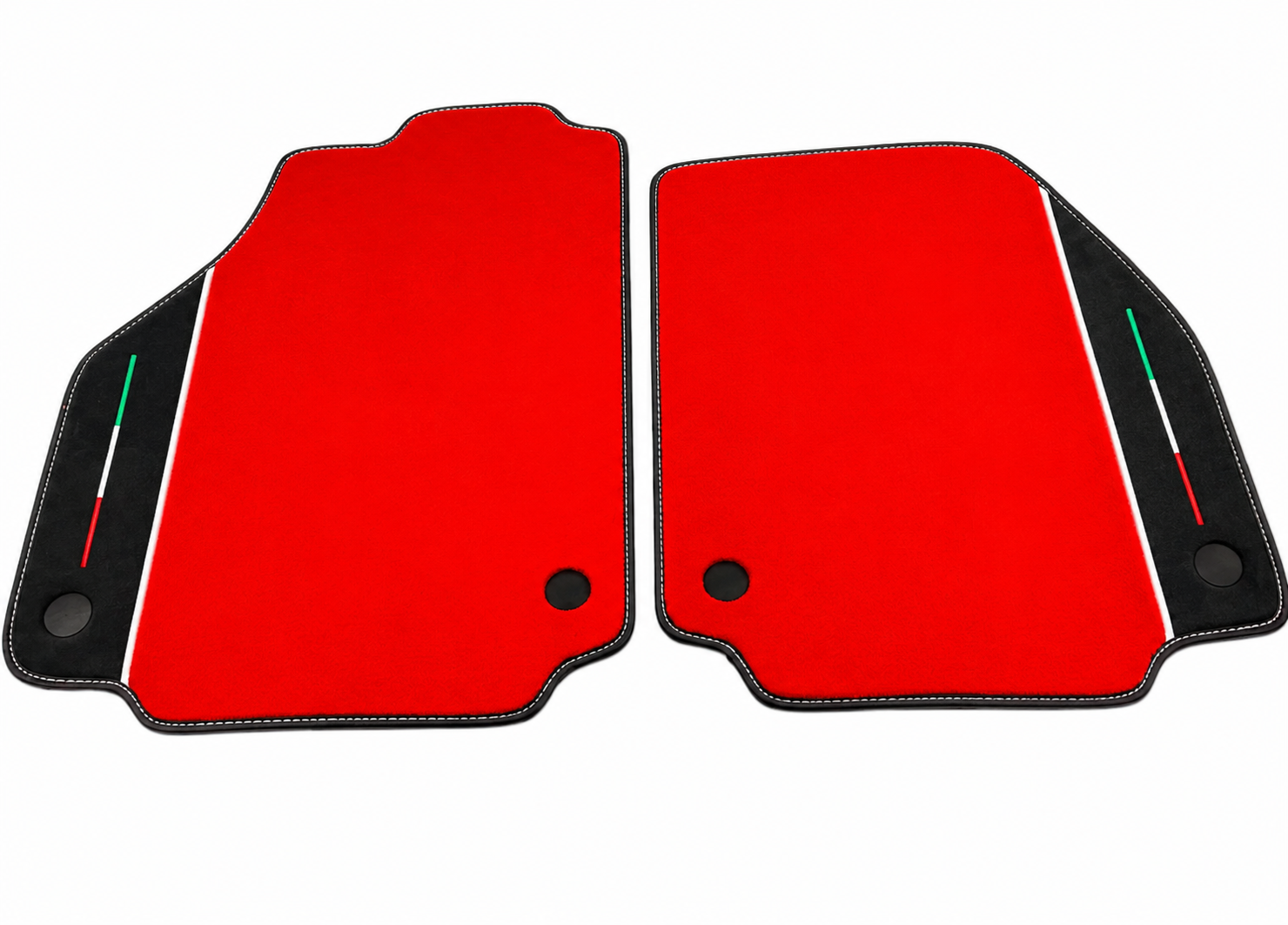 A pair of red car floor mats with black borders and side stripes featuring the Italian flag colors (green, white, and red) on a white background.