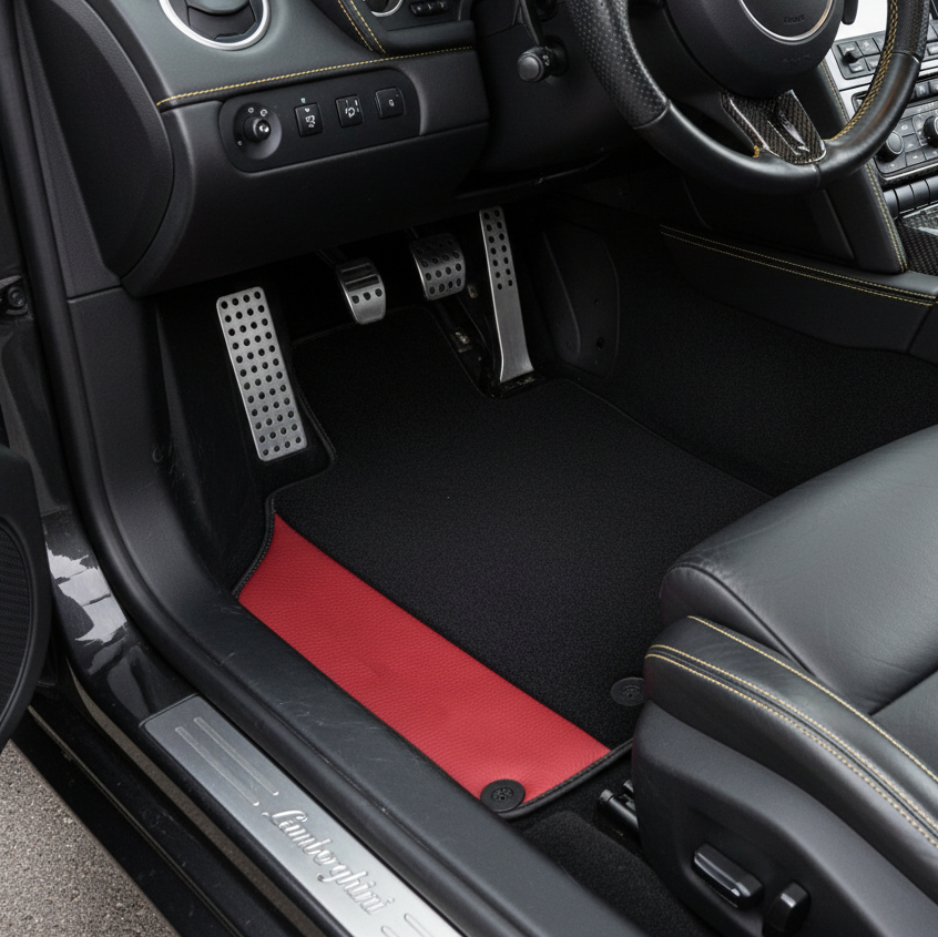 Tapetes de Carro Pretos Personalizados para Lamborghini Gallardo com Couro Vermelho