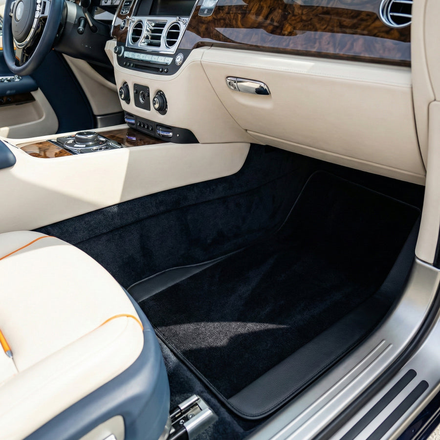 Tapetes de Carro Personalizados Pretos para Rolls Royce Dawn (2016-2023) com Couro Preto