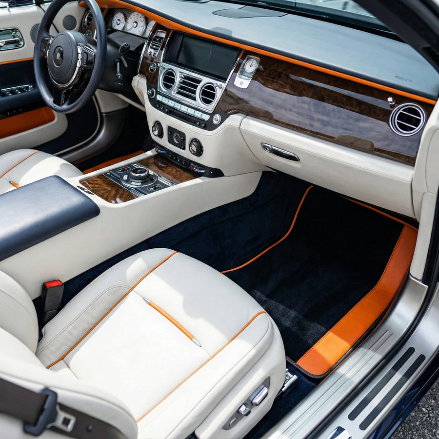 Tapetes Automotivos Pretos Sob Medida para Rolls Royce Dawn (2016-2023) com Couro Laranja