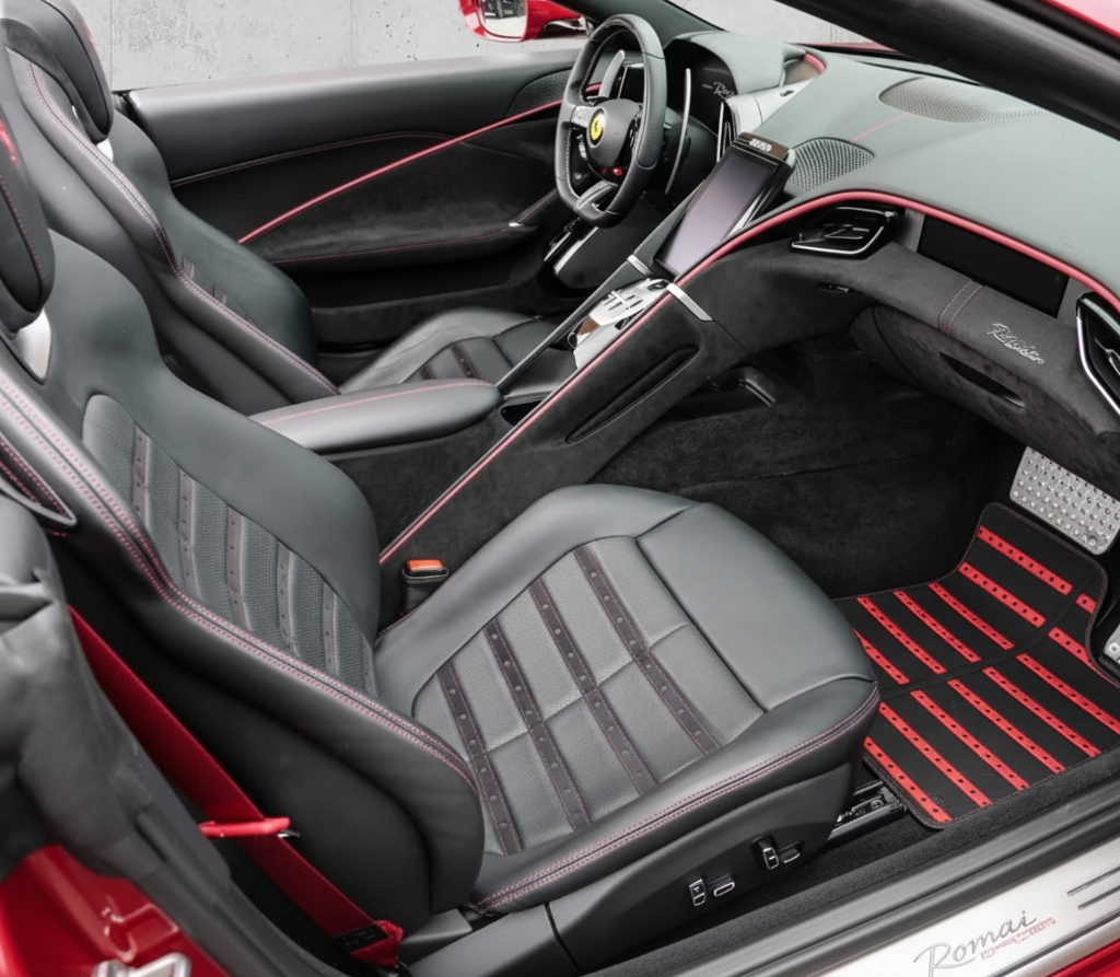 Black Floor Mats for Ferrari Roma (2021-2024) Italian Edition with Red Trim - AutoWin