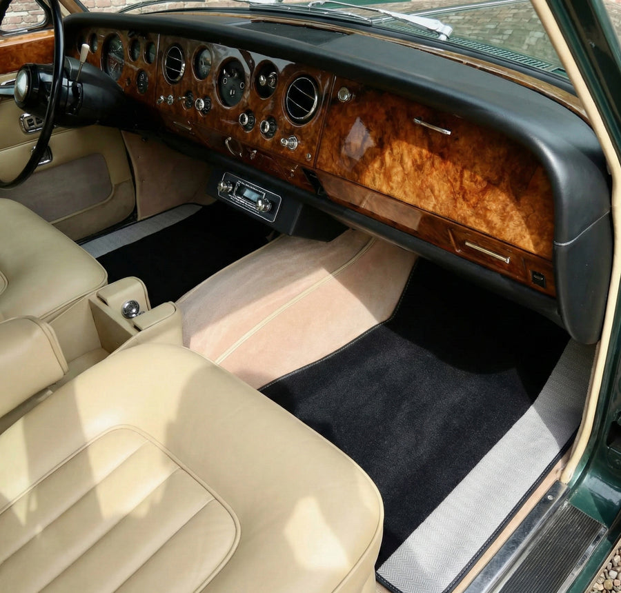 Black Floor Mats for Rolls Royce Shadow 1965-1977 with Gray Leather Borders