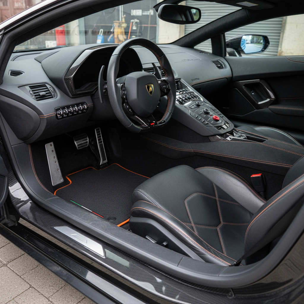 Tapetes personalizáveis para Lamborghini Aventador | Acabamento laranja