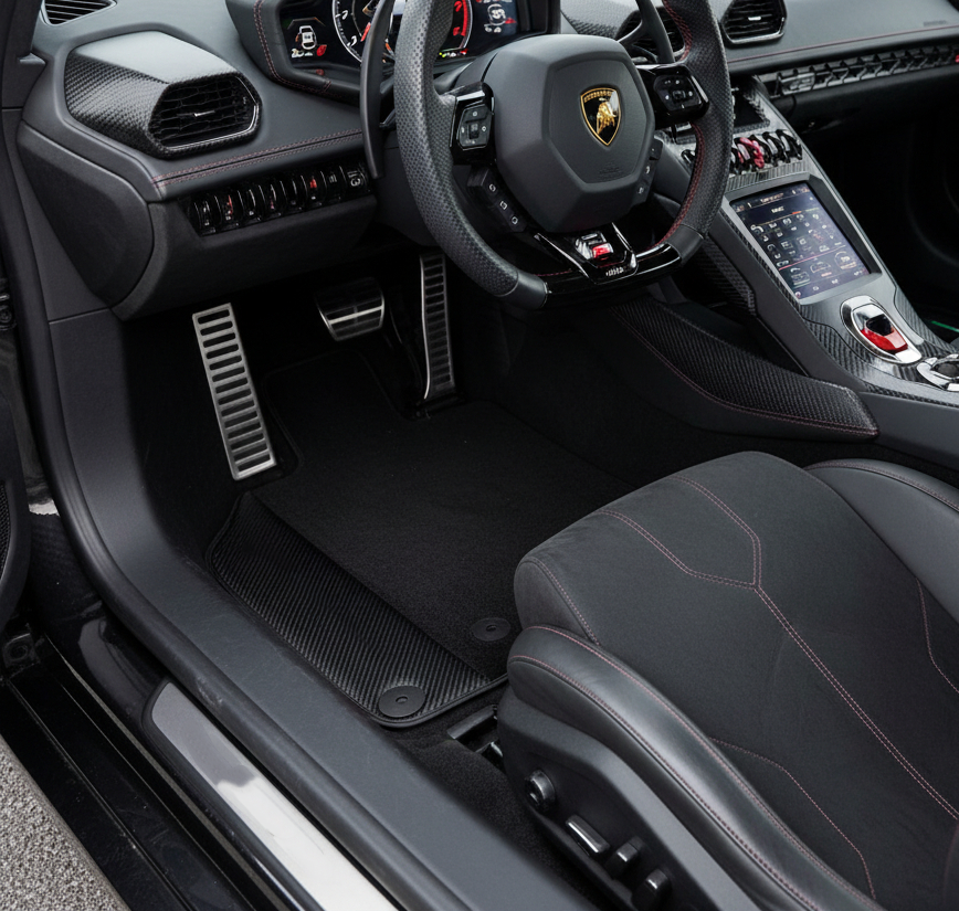 Custom Black Floor Mats for Lamborghini Huracan Sterrato (2023-2024) with Carbon Fiber Leather Borders