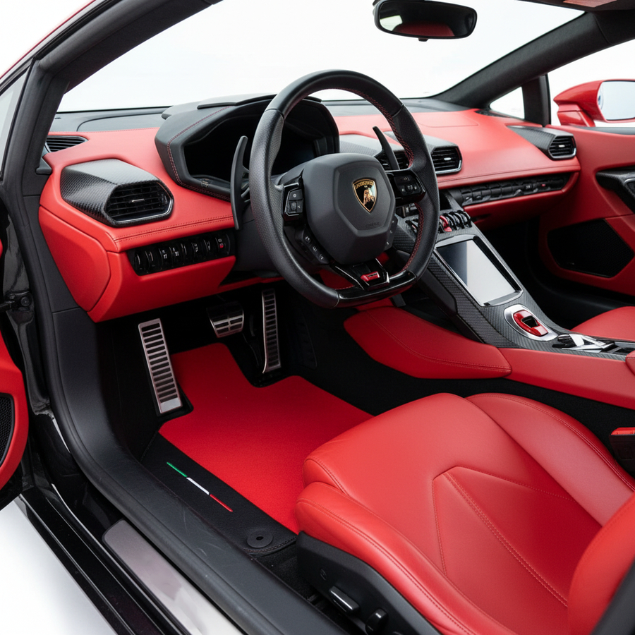 Custom Red Floor Mats for Lamborghini Huracan STO With Black Leather Red Sewing