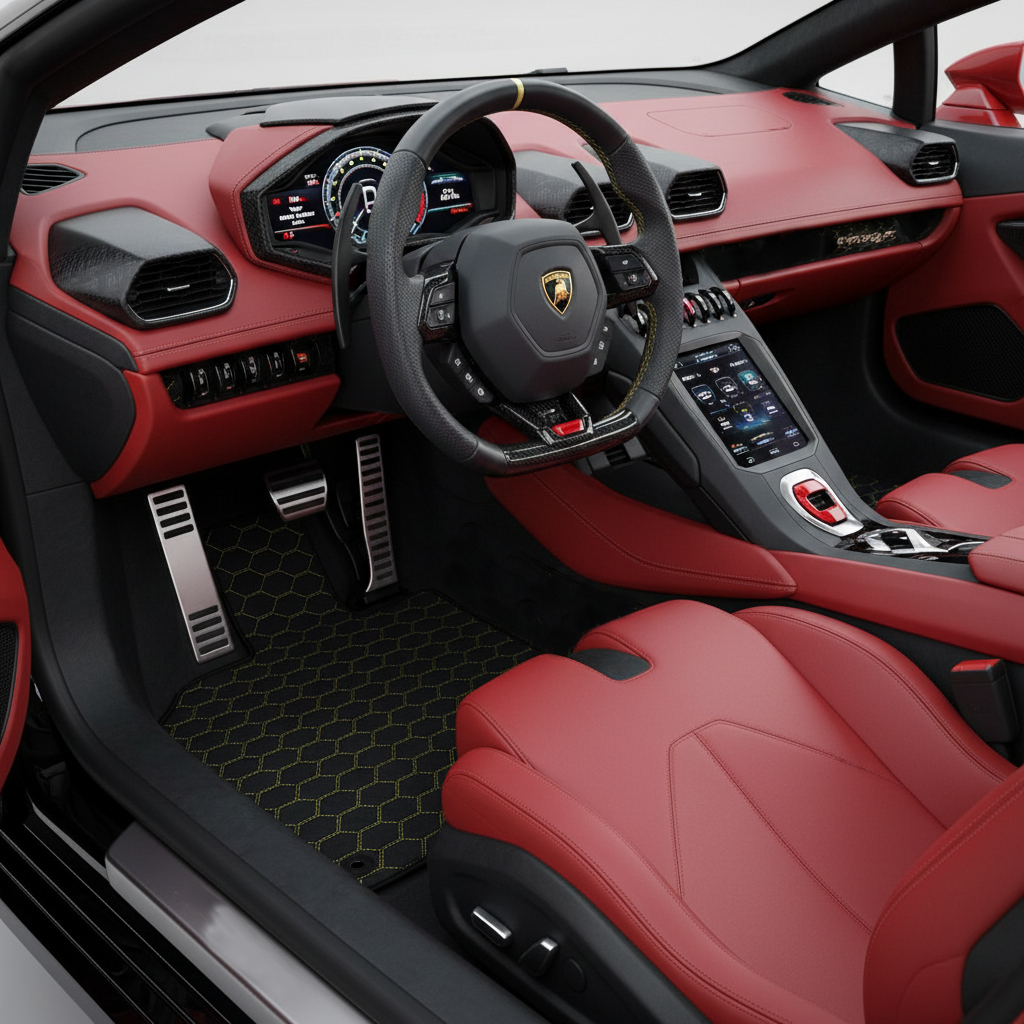 Red Floor Mats for Lamborghini Huracan Sterrato (2023-2024) with Black Leather and Italian Flag - AutoWin.EU