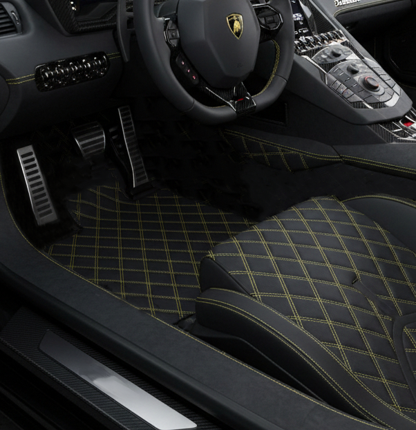 Tapetes de carro de couro personalizáveis com padrão hexagonal simétrico para Lamborghini Aventador SV (2012-2022) - AutoWin