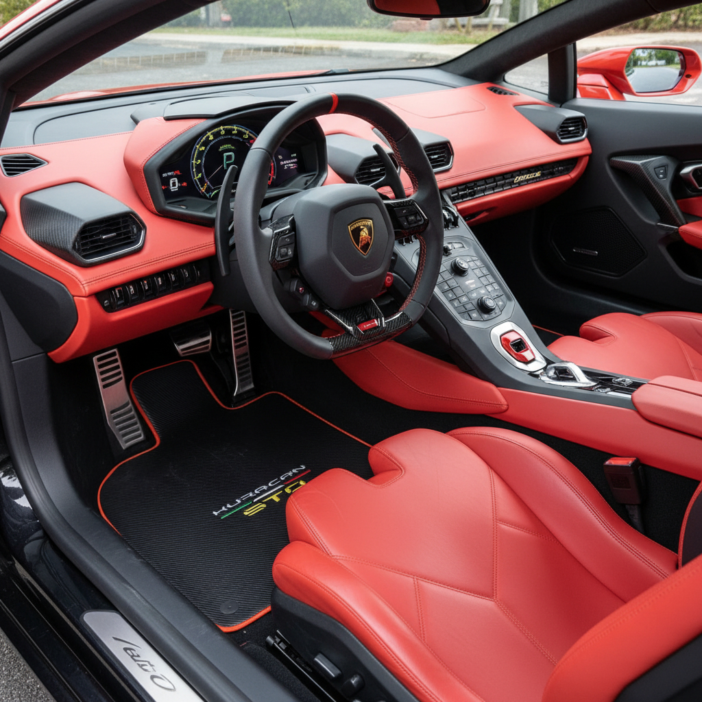 Customizable Leather Floor Mats with Divario Pattern for Lamborghini Huracan STO (2021-2024) - AutoWin