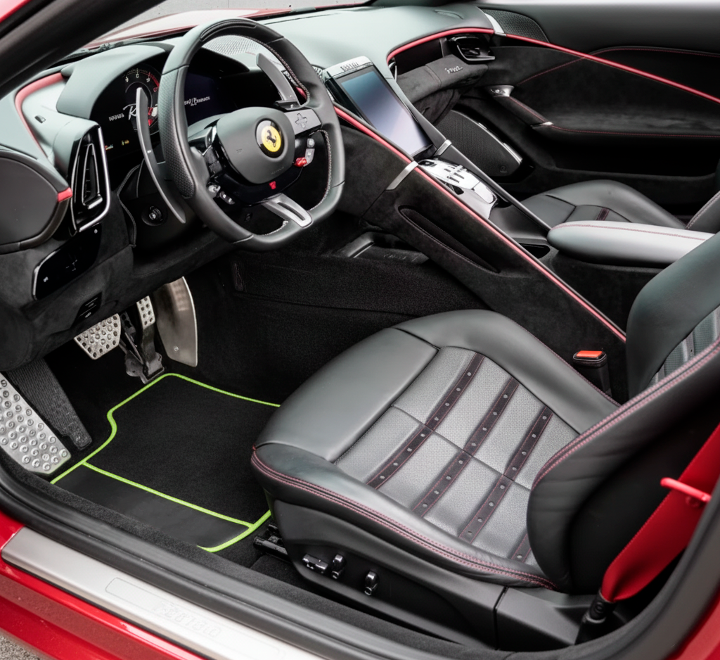 Black Floor Mats for Ferrari Roma (2021-2024) Italian Edition with Red Trim - AutoWin