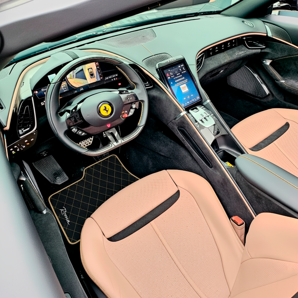 Black Floor Mats for Ferrari Roma (2021-2024) Italian Edition with Red Trim - AutoWin