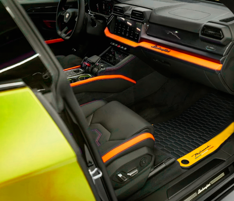 Tapetes de carro pretos para Lamborghini Urus com couro amarelo