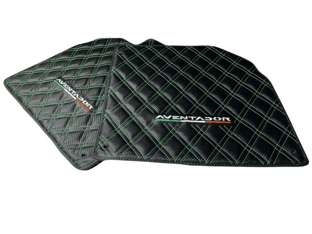Floor Mats for Lamborghini Aventador Carbon Fiber Leather Green Stitching - AutoWin