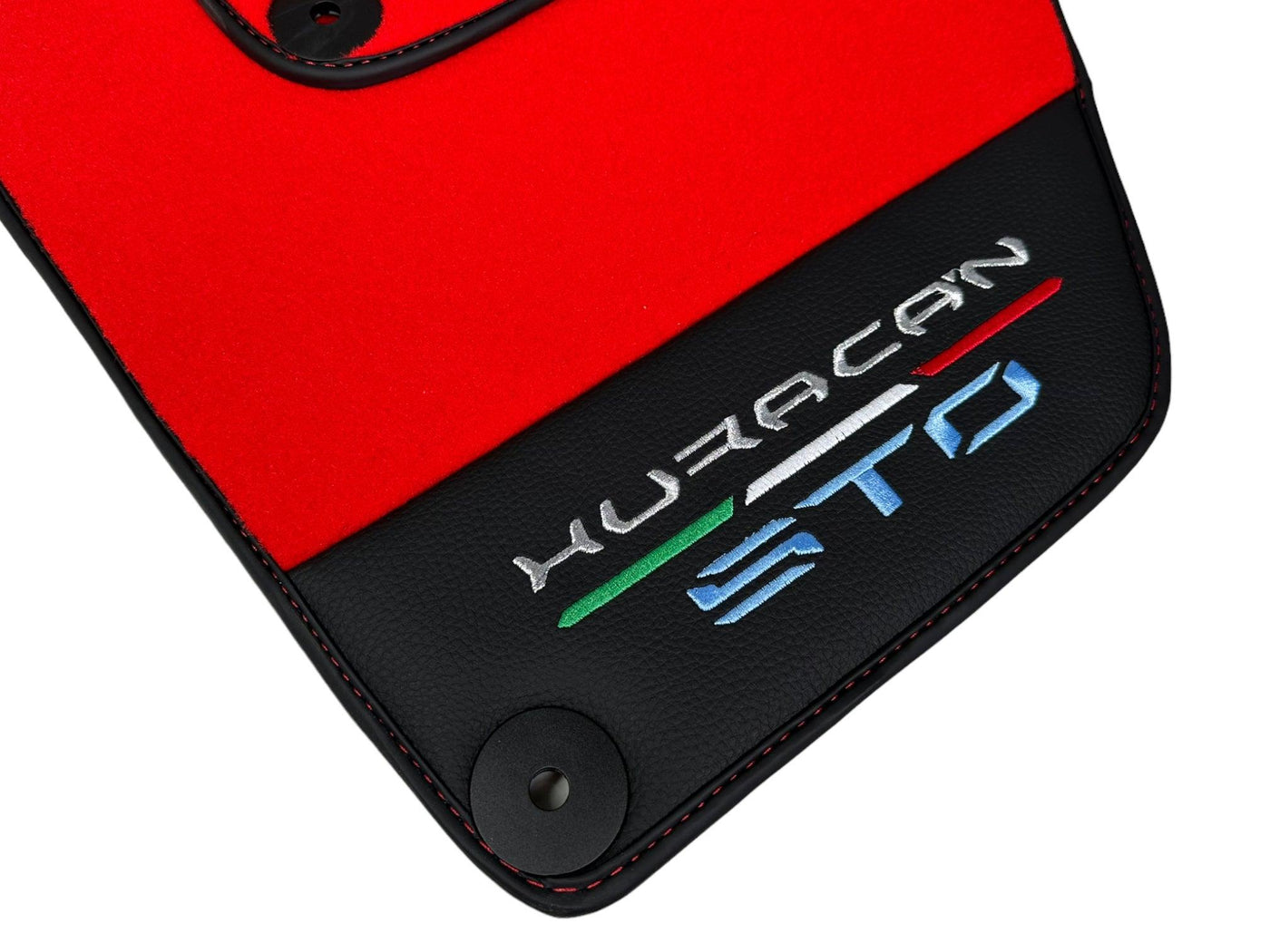 Red Floor Mats for Lamborghini Huracan STO With Black Leather Red Sewing - AutoWin